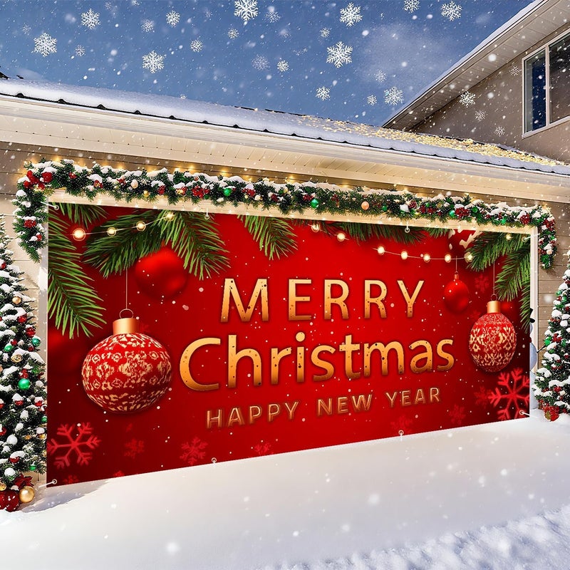 THISFIND Christmas Garage Door Banner – Red Holiday Mural Cover with Gold "Merry Christmas and Happy New Year" Text, Ornaments, Snowflakes, and Pine Decor – Outdoor Xmas Decoration for Garage or Porch - Image 3
